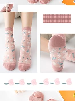 5 Pairs Pink Floral 3D Textured Cotton Socks, Women Mid Tube